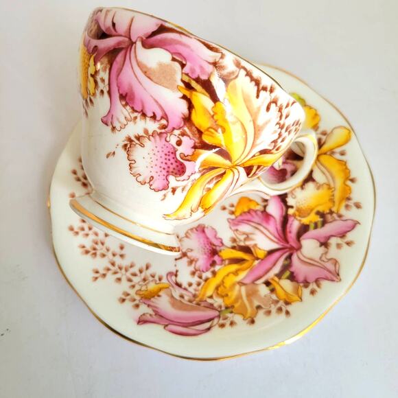 Vintage Queen Ann Teacup Saucer Orchids Pink Yellow Bone China Cottagecore - Picture 3 of 10